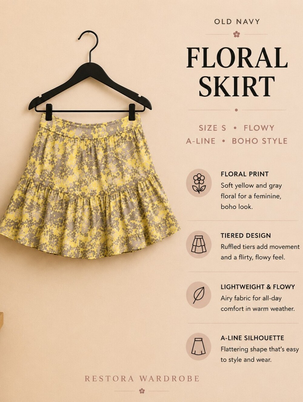 Y2K Old Navy Floral Skirt Small Yellow Gray Flowy Boho A-Line Summer